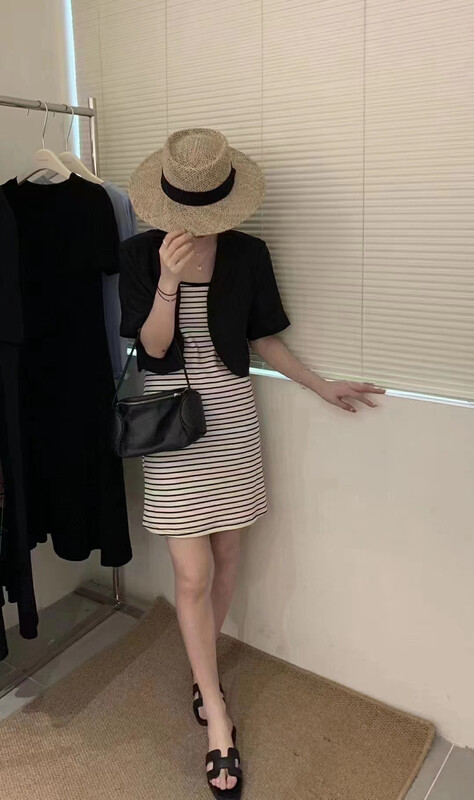 [Zoe Zoe] vintage classic striped vest dress + simple solid color cardigan top set m555# zjy
