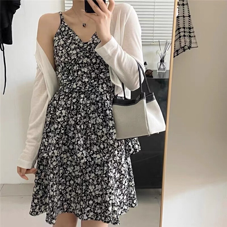 [Zoe Zoe] design casual knitted cardigan + suspender V-neck floral dress set m330# zjy