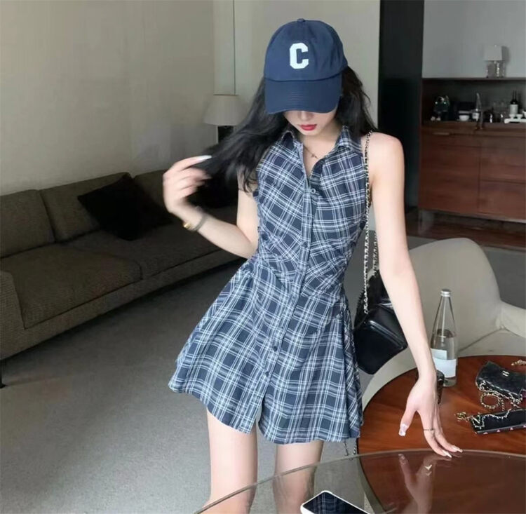 [six] pure style sleeveless Plaid Dress + casual Shorts Set 6321 \pcz