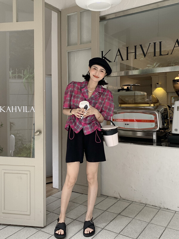[APM yuroom] Korean version versatile contrast checked drawstring blouse 8008# LSL