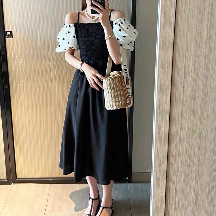 [Zoe Zoe] Korean version Polka Dot pleated patchwork off the shoulder two-piece dress m127# zjy