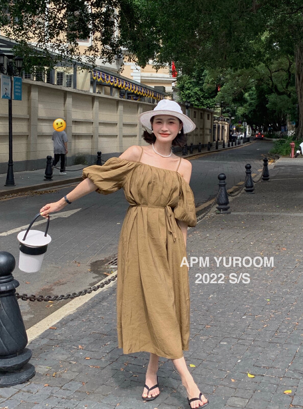[APM yuroom] Korean solid color loose one-piece neck suspender dress (with waist rope) ys2-8158\lsl