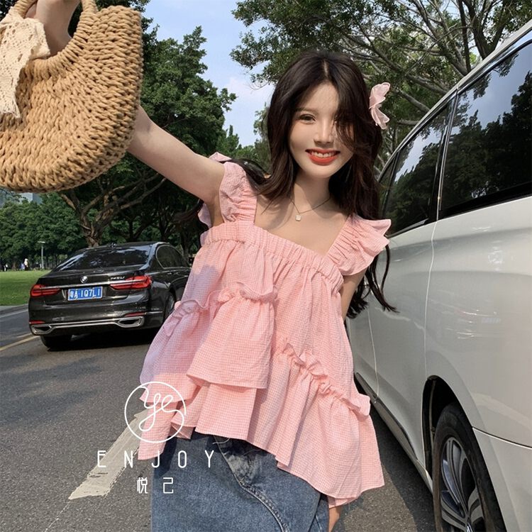 [enjoy · Yueji] Korean version fresh checkered fungus edge suspender shirt 9025# PCZ