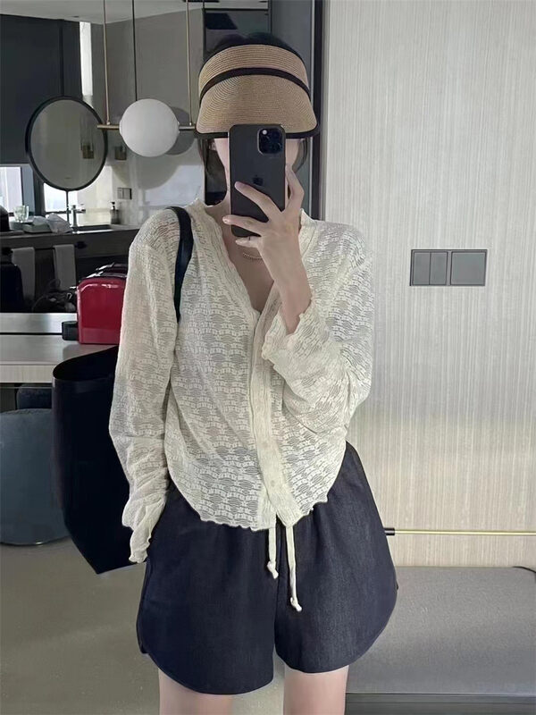 [modern 197] lace V-neck single breasted sunscreen shirt 61090 # LSL
