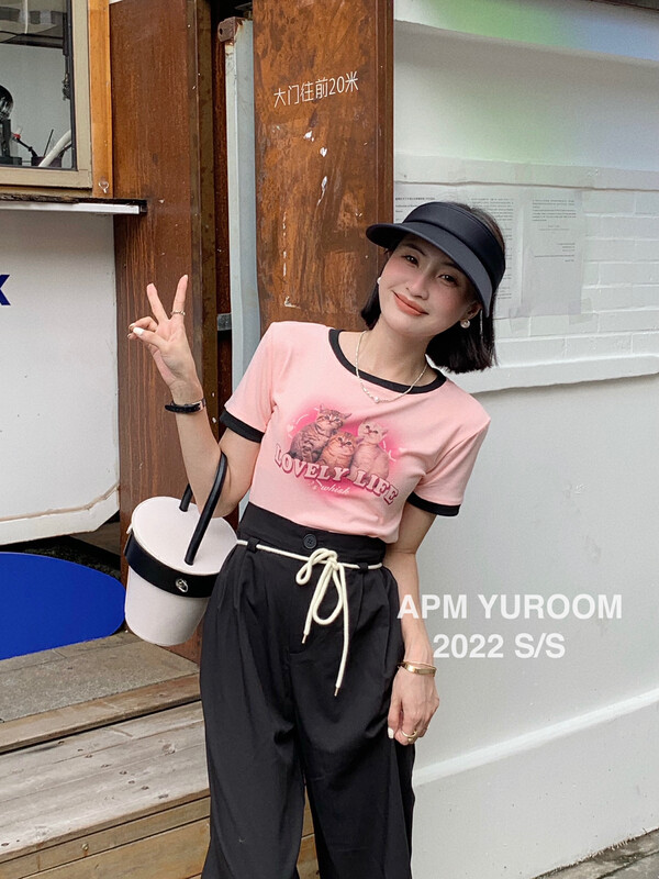 [APM yuroom] Korean color contrast fashion short sleeved T-shirt ys1-8006# LSL