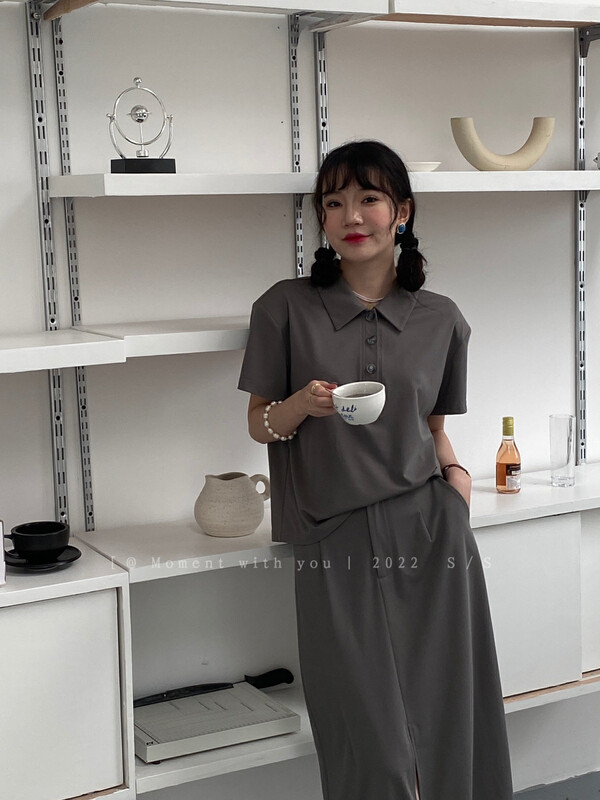 [moment with you] simple Polo neck short sleeve shirt + high waist thin split skirt set 2m205\lsw