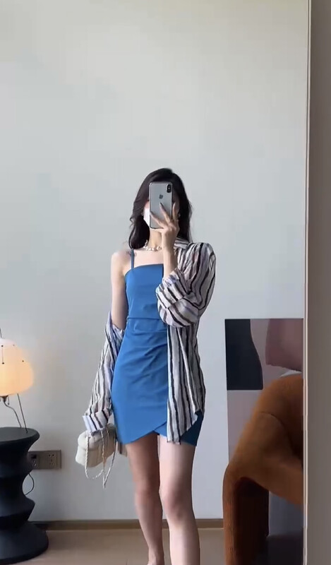 [Zoe Zoe] Korean loose striped shirt + sexy suspender skirt set m529# zjy