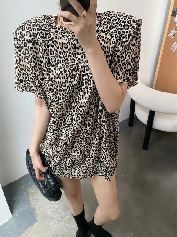 [modern 197] round neck loose leopard print short sleeve T-shirt 7130# LSL