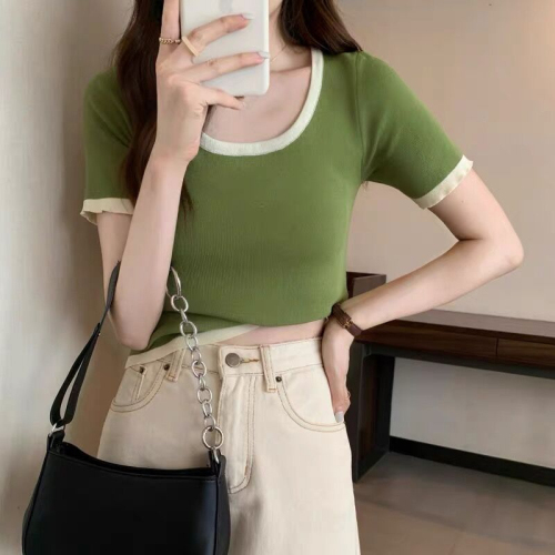 Color matching straight shoulder short sleeve T-shirt women's ins fashion summer  new fashion foreign style fashionable bottoming shirt upper clothes