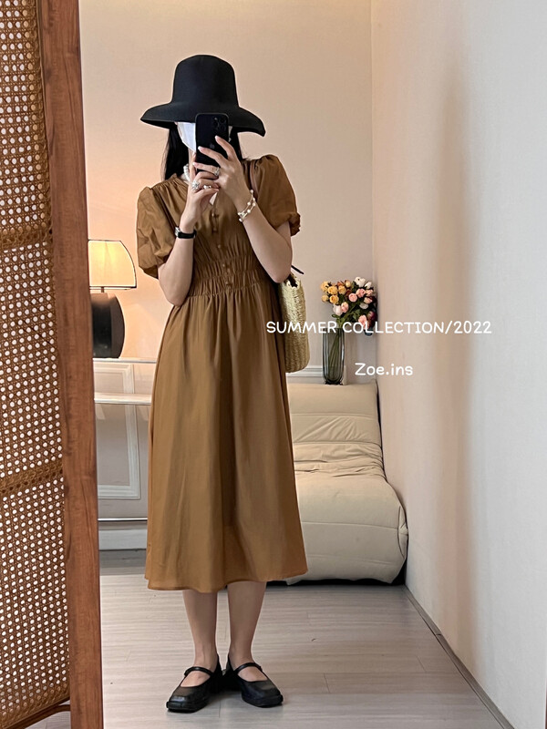[Zoe Zoe] Korean button V-neck bubble sleeve dress c1353# zjy