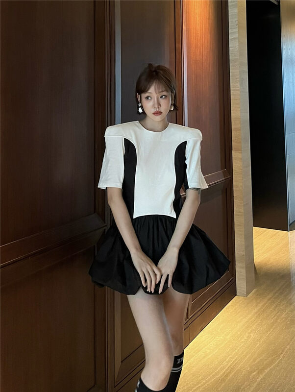 [laga] little woman's round neck looks thin, color matching dress 2343# JJ