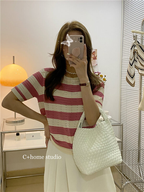 [c+home] round neck stripe contrast short sleeve sweater 22252 \hbx
