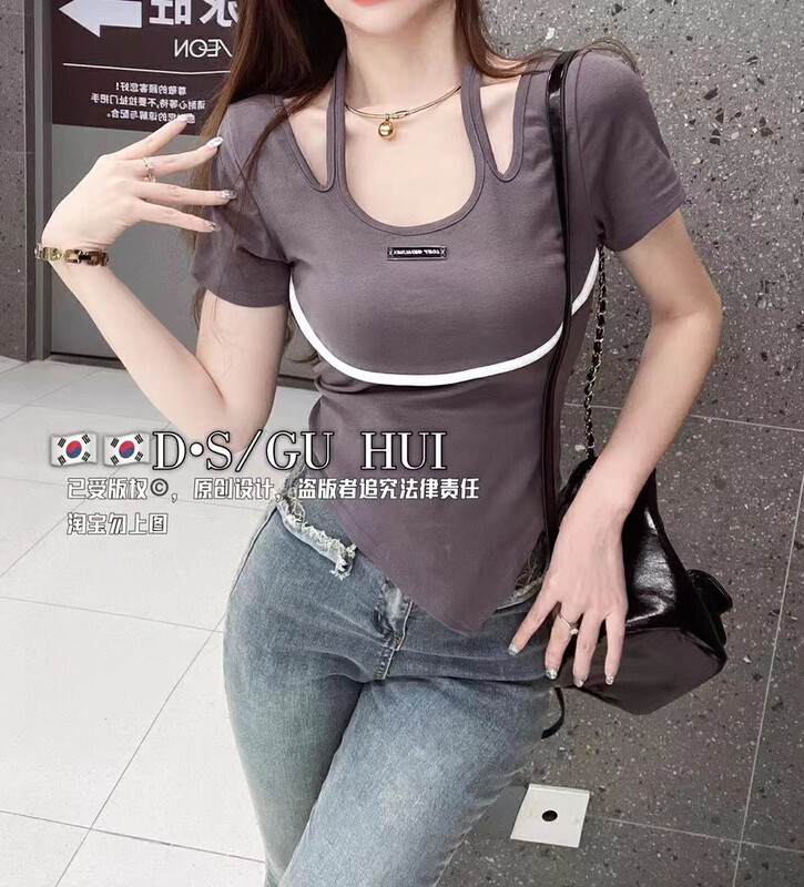[top] irregular slim fit spice girl style short sleeved T-shirt 1127# zjy