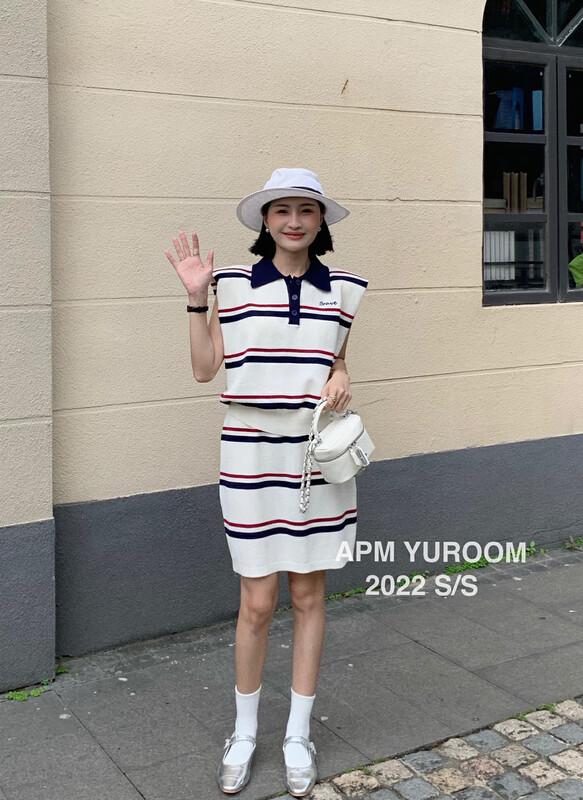[APM yuroom] Korean sleeveless Striped Knit Vest + high waist versatile slim skirt set 22839\lsl