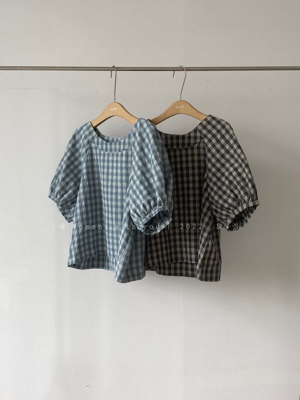 [moment with you] checkerboard women's loose literary linen shirt t0776-j\lsw