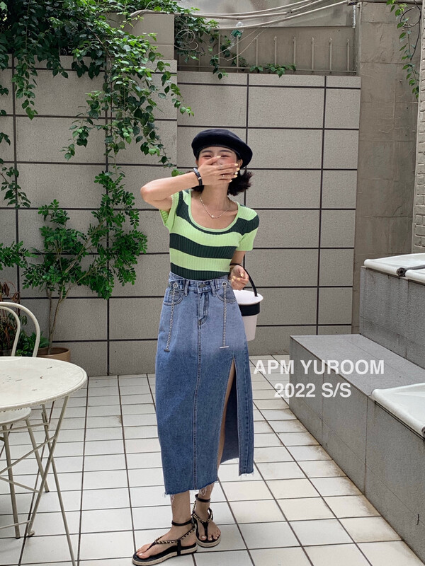 [APM yuroom] French square neck thin contrast striped knitted short sleeve T-shirt 22872# LSL