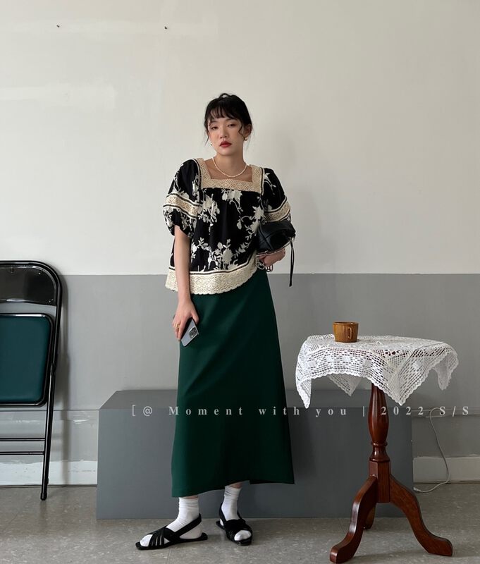 [moment with you] ethnic style square neck printed lace stitched Lantern Sleeve Shirt x0027\lsw