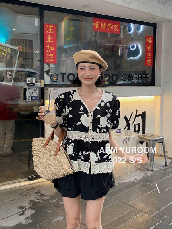 [APM yuroom] temperament ink painting lace blouse ys1-8082# LSL