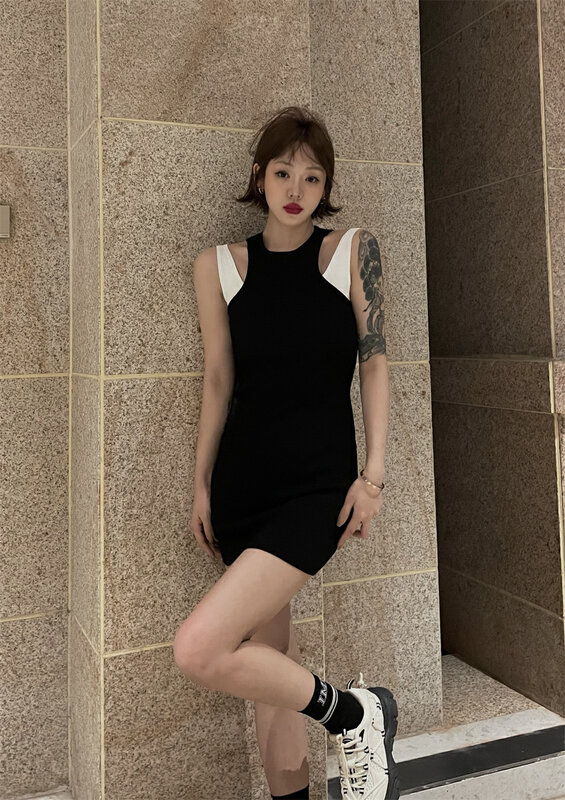 [laga] pure desire round neck color contrast short skirt sleeveless dress 113# JJ