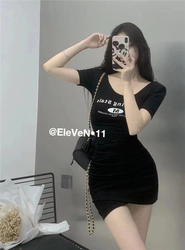[top] lettered print pleated versatile dress 9657\zjy
