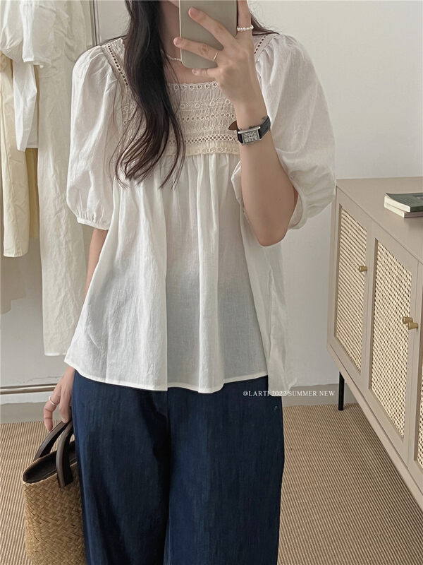 [larti] square neck splicing fashion Korean shirt 88136\ll