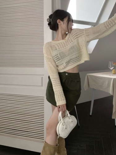 Real price hollow out Crochet knitted sunscreen blouse, high waist, thin, light proof A-line skirt, short skirt