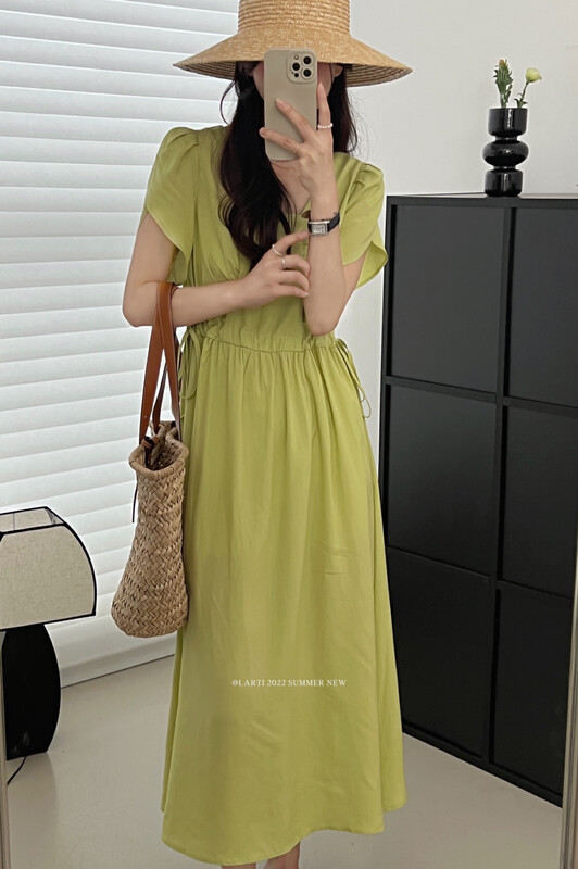 [larti] flare trim waist lace up dress 8710 \ll