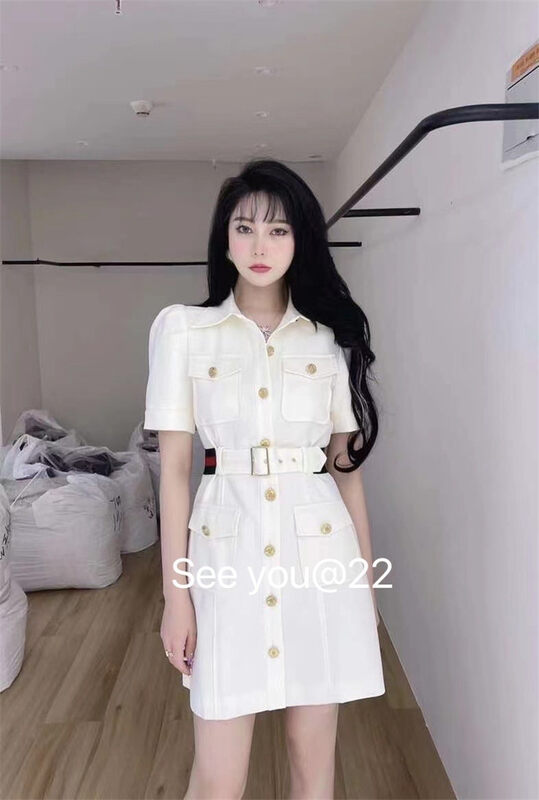[see you] xiaoxiangfeng single breasted bubble sleeve dress (belt cannot be removed) 2109# PCZ