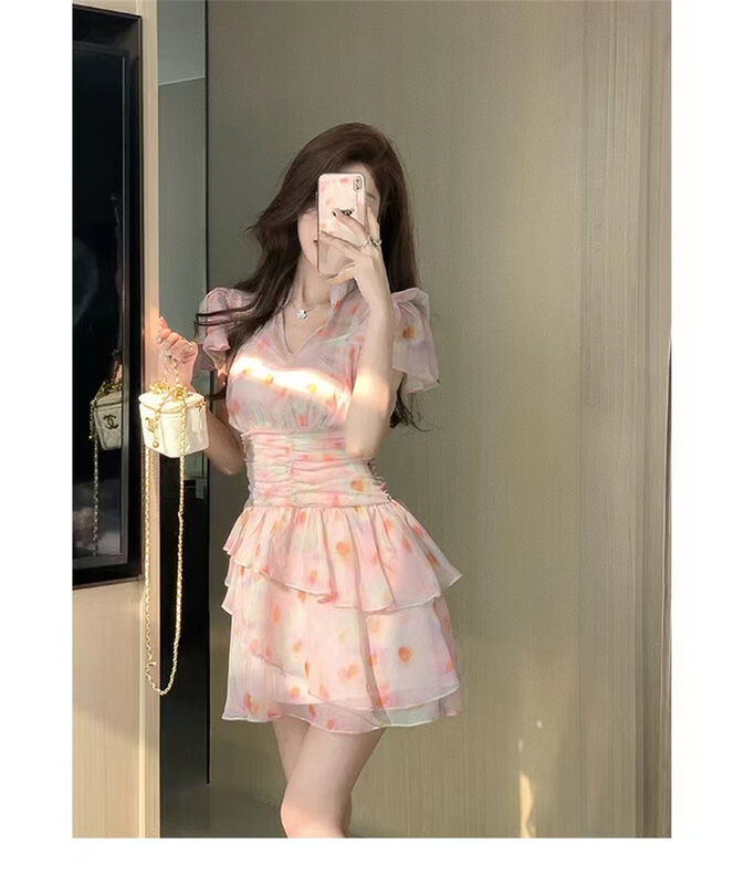 [see you] pure Decor waist closing V-neck dress (with suspenders inside) 2052# PCZ
