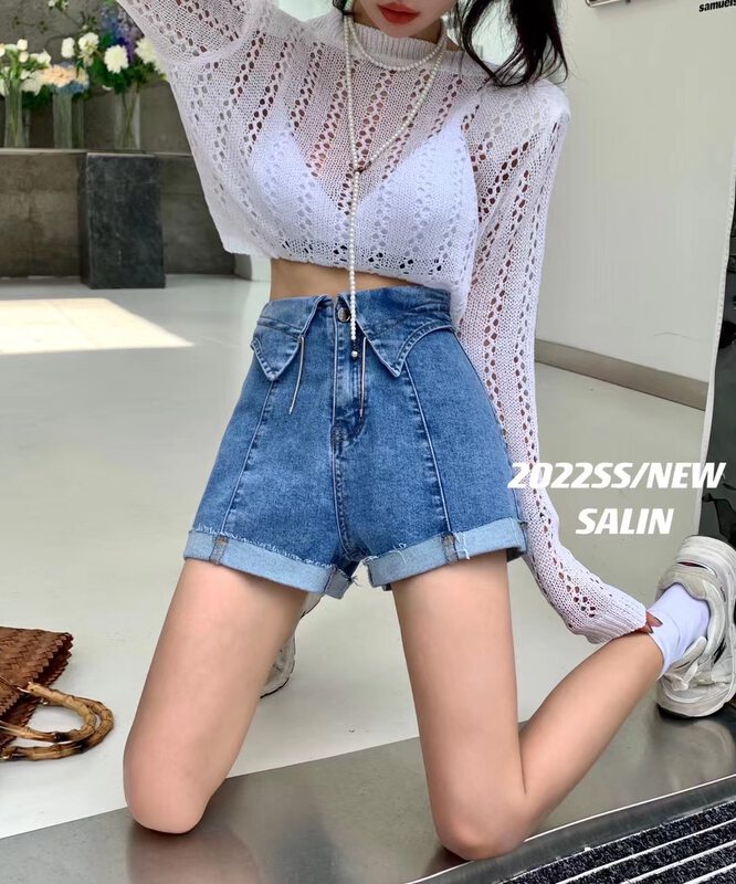 [Salin] Korean simple high waisted denim shorts (with detachable chain) 3930# PCZ
