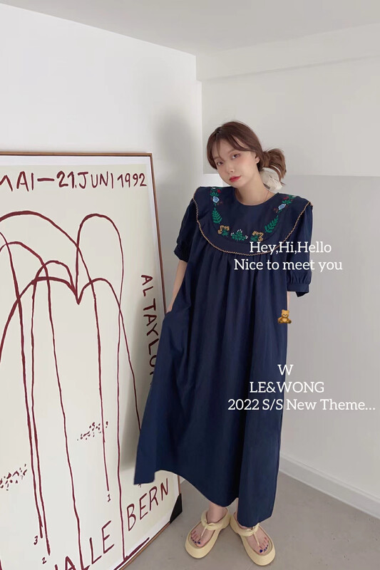 [le&wong] Vintage lotus leaf collar embroidery embroidered dress dress dress 9907-1