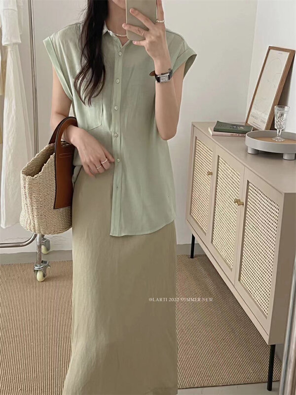 [larti] small fresh and simple style single breasted sleeveless shirt (only selling small shirts) c8616# ll