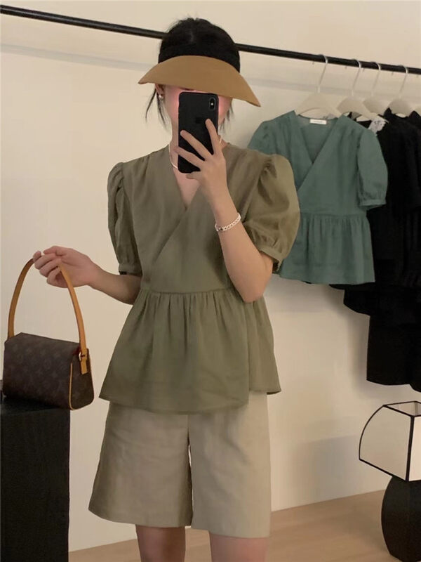 [larti] bubble sleeve V-neck simple and versatile shirt c8744 \ll