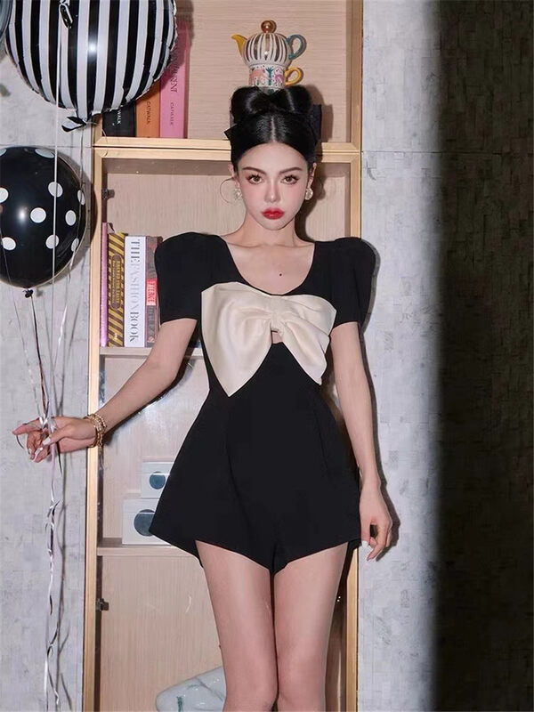 [see you] round neck bowknot waist tight temperament shorts Jumpsuit 2023# PCZ