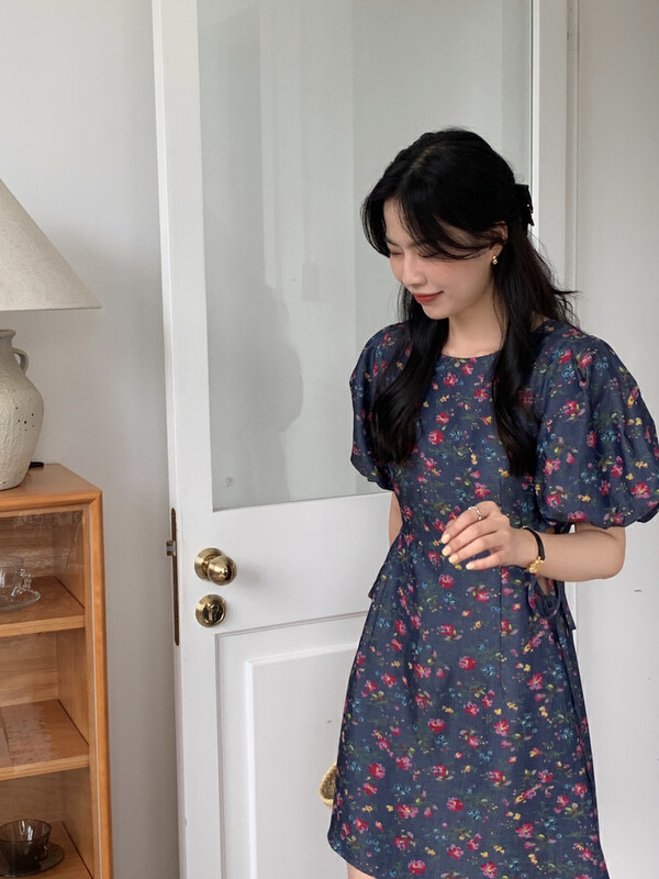 [I think] Korean floral Tencel denim bubble sleeve dress 66552# CLS