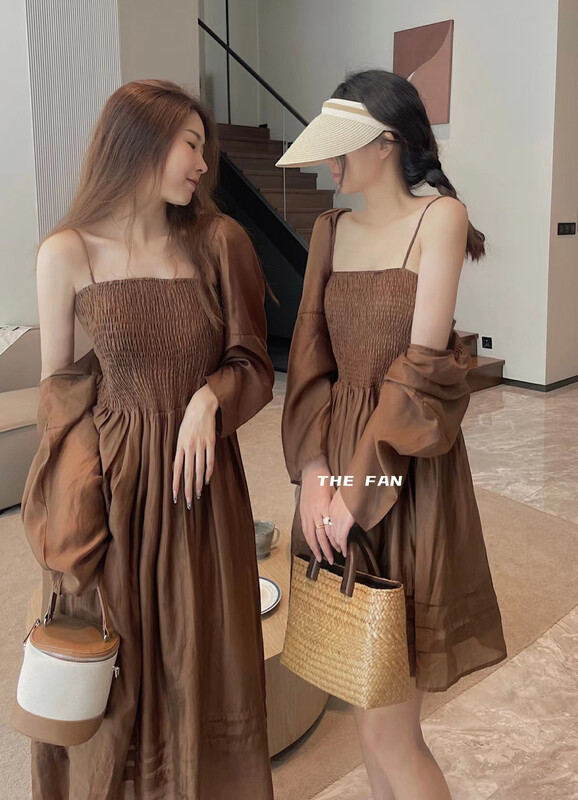 [the fan] Korean fashion sunscreen shirt + suspender slim dress set 96869-1# zxx