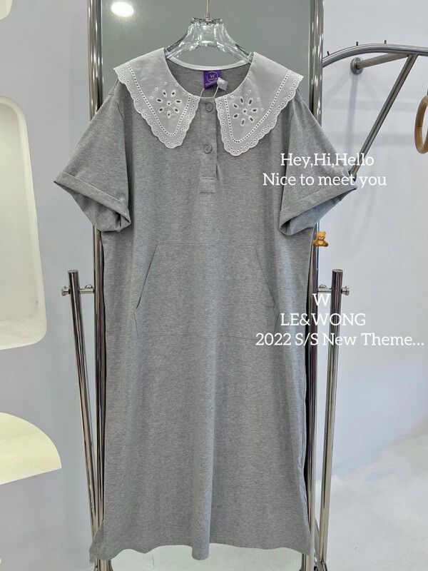 [le&wong] solid color simple Lapel Girl Dress (aging T-shirt dress) 9937# Fhx