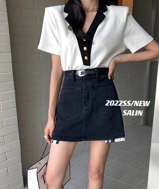 [Salin] simple, slim and versatile denim shorts (with belt) 6898\pcz