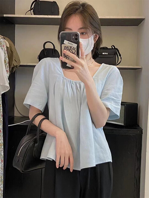 [larti] fresh and simple single breasted Square Neck Shirt 8700 \ll