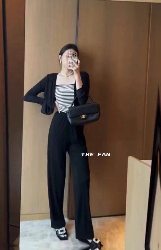 [the fan] solid color pit strip elastic waist casual pants 50512-1# zxx