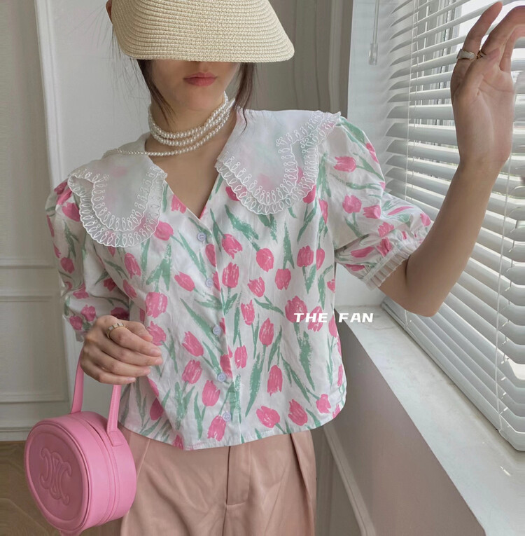 [the fan] double Ruffle V-neck floral blouse (only for small blouses) y96620# zxx