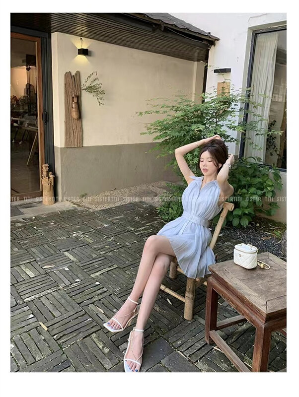 [see you] shirt collar sleeveless temperament single breasted dress (with belt) 2058# PCZ