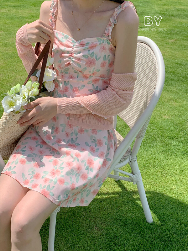 [best of you] summer sweet broken flowers, slim waist, suspender dress 9892 \hbx