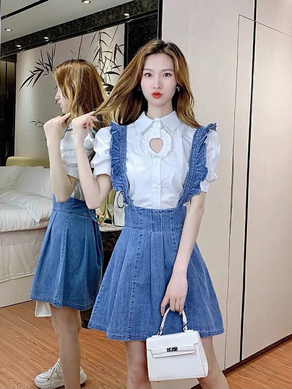 [Fanfan] hollowed out bubble sleeve shirt + denim waist strap skirt two-piece suit 5718-1# zxx