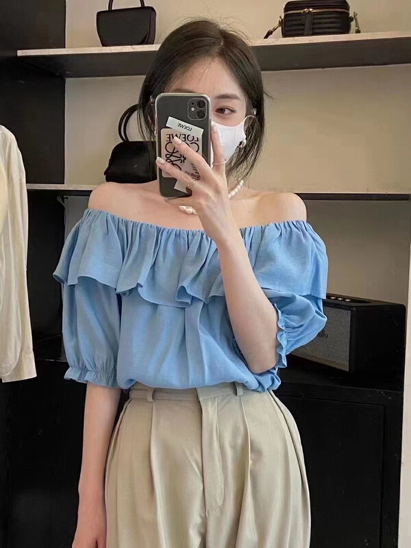 [larti] Korean solid color Ruffle one-line collar shirt lc8407# ll
