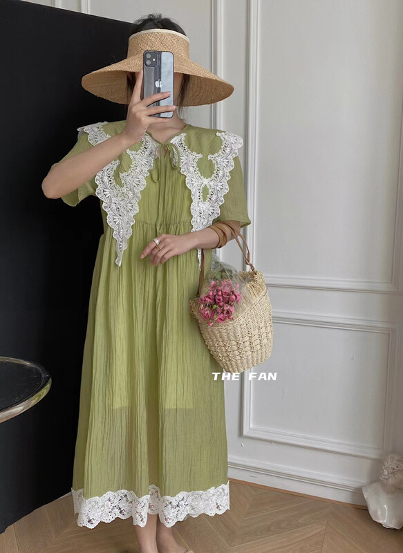 [the fan] fresh and simple large lapel lace patchwork dress 61080 # zxx