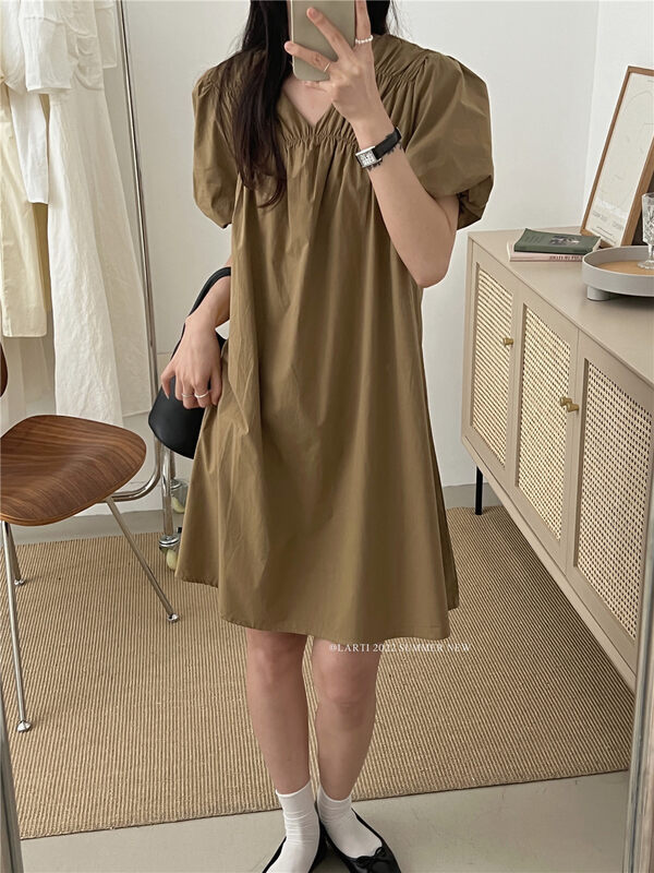 [larti] fresh lady simple gas V-neck dress 88137 \ll