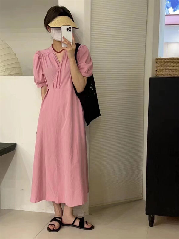 [larti] V-neck lady Pleated Dress lc8536# ll