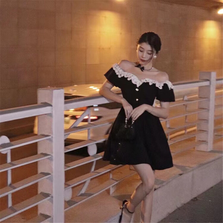 [see you] bubble sleeve color matching fashion temperament dress 2086 \pcz