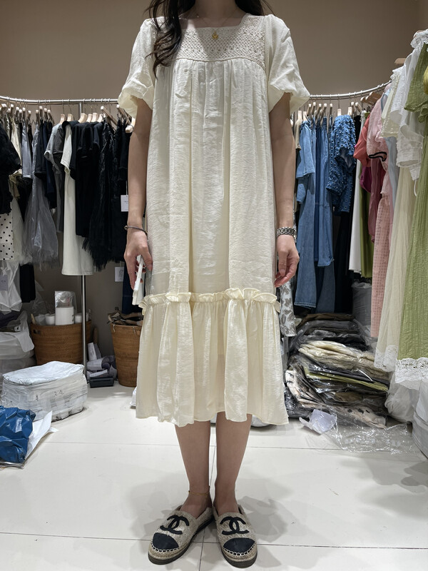 [the fan] Square Neck Lace Crochet bubble sleeve dress 503165 \zxx